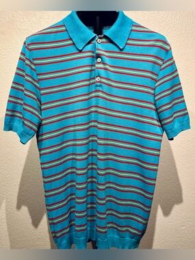 Vintage GRP Firenze Turquoise, Red and Yellow Striped Polo Shirt - Made in Italy